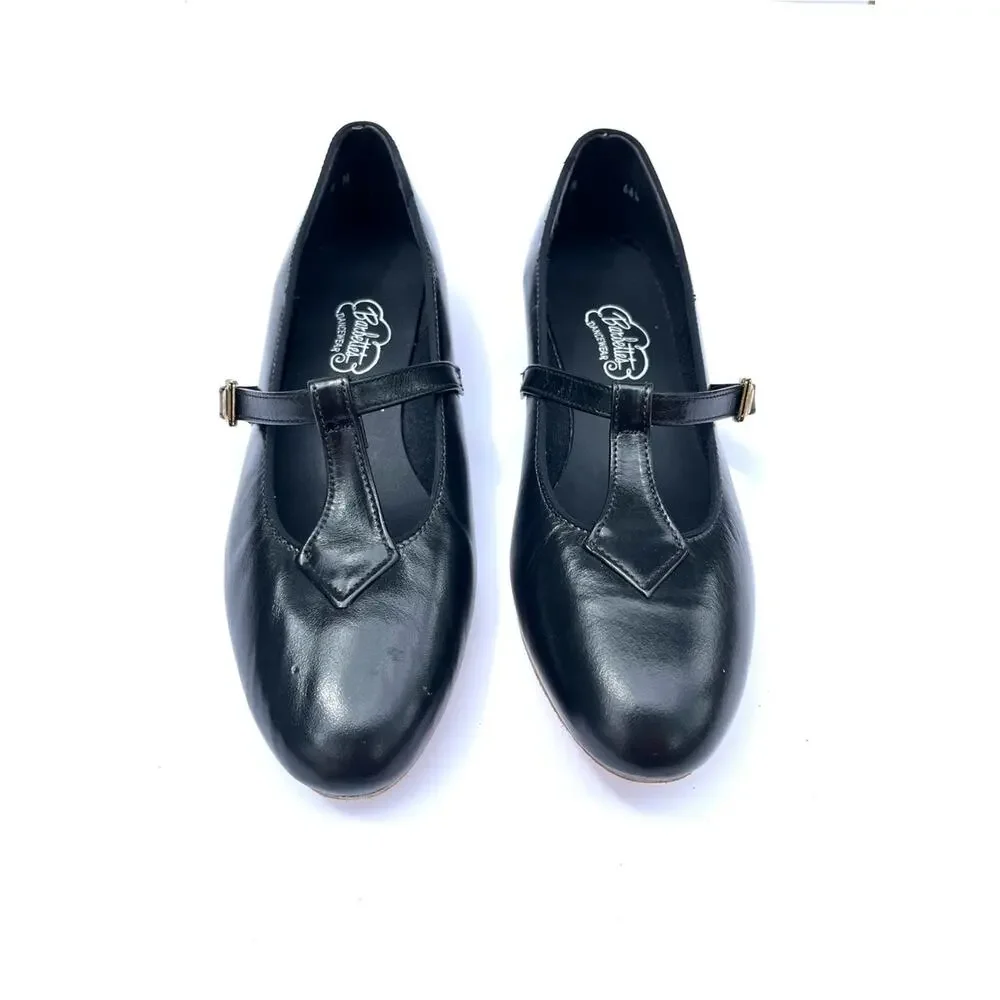Vintage Black Leather Mary Jane Flats with Gold Buckle Size 8 Barbette's Dance